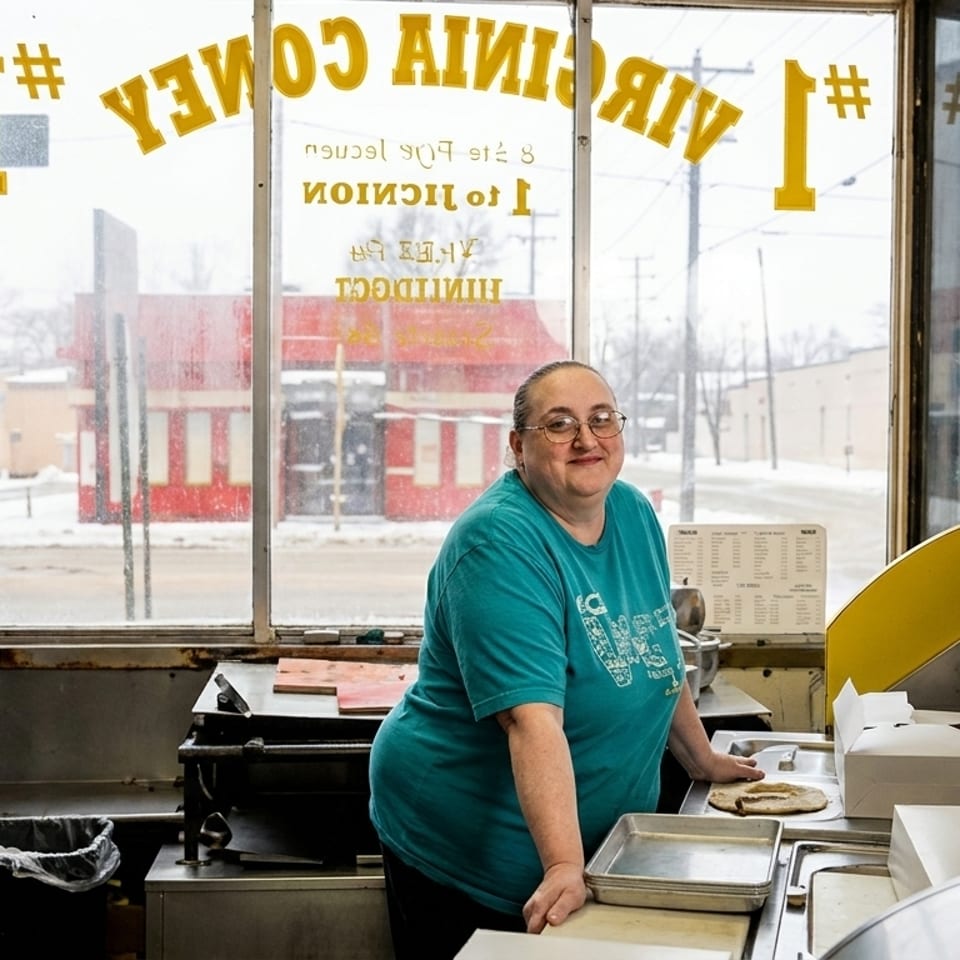 A woman in a teal shirt smiles behind a counter in a diner with a snowy street outside.