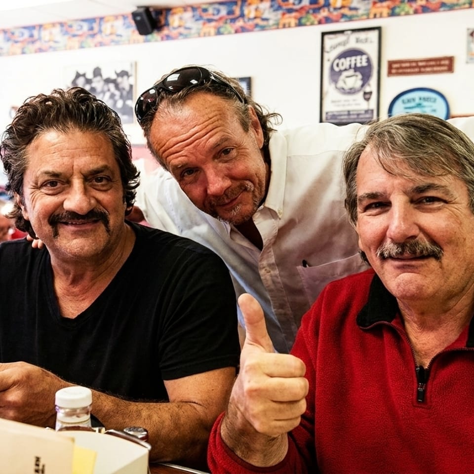 Three smiling men, two with mustaches, pose for a photo in a diner, one giving a thumbs up.