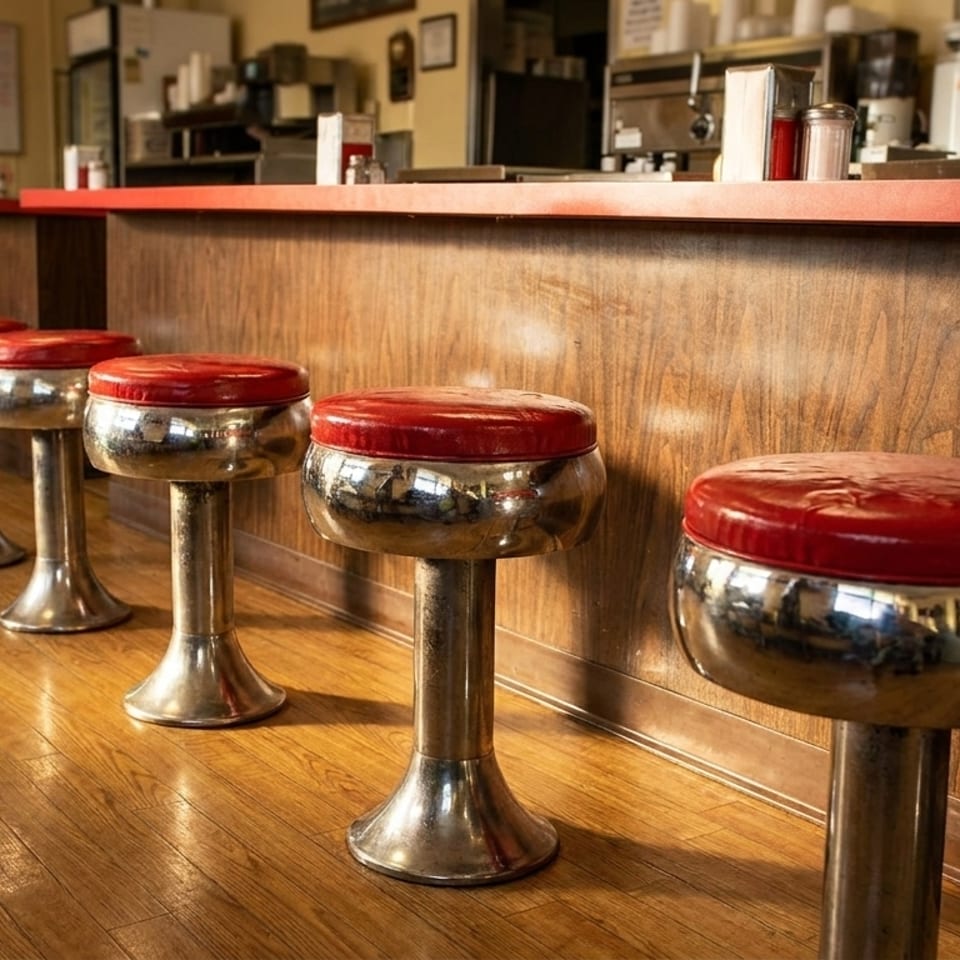 Row of red-topped chrome diner stools along a wooden counter with a red top.
