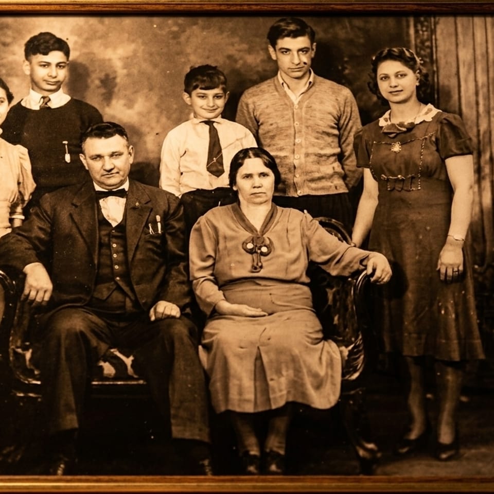 Sepia-toned framed photograph of a family of seven, with parents seated and five children standing.
