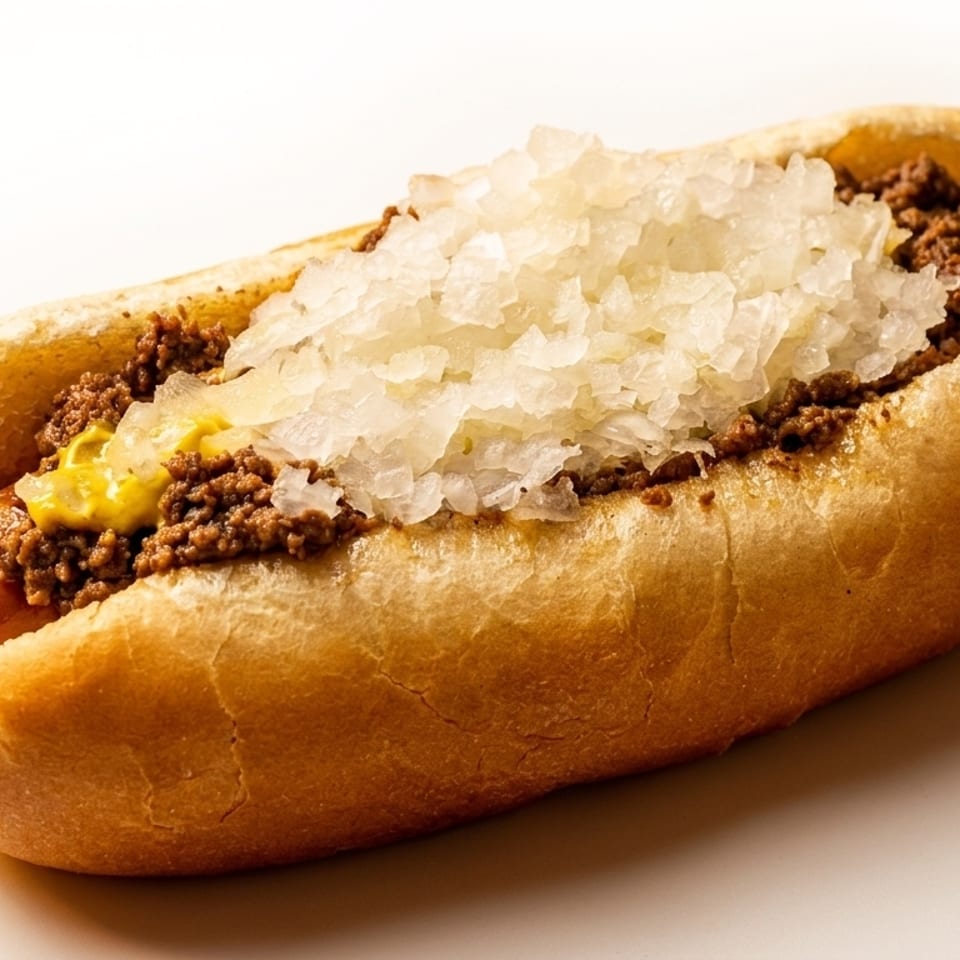 Hot dog with chili, mustard, and chopped onions in a bun on a white background.