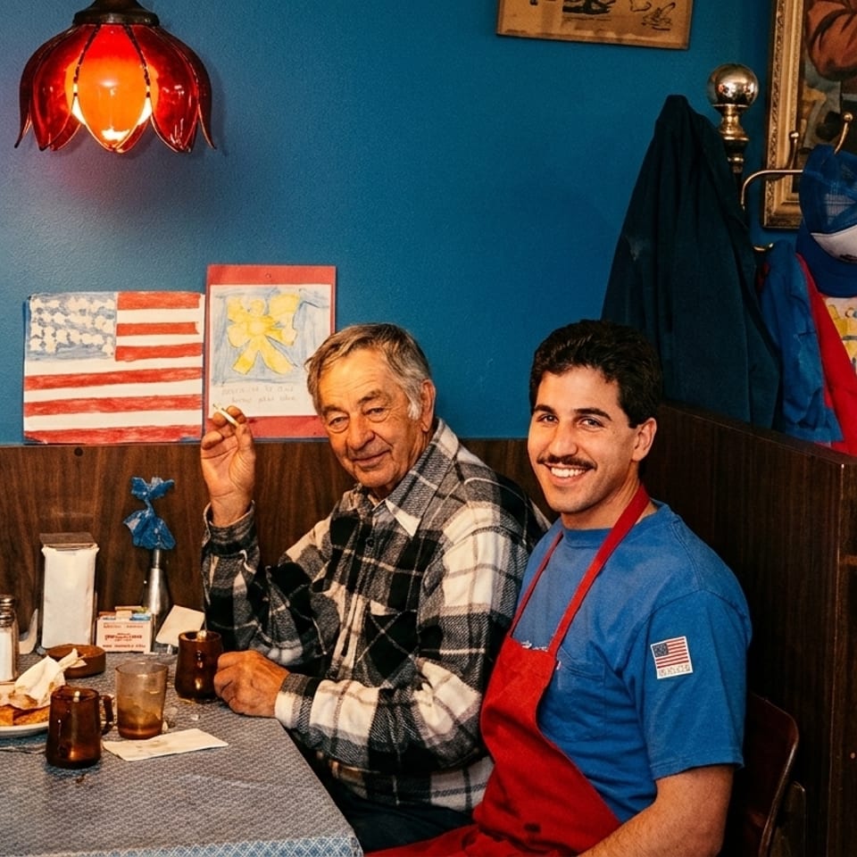 Two men, one older and one younger, smiling at a diner table with blue walls.