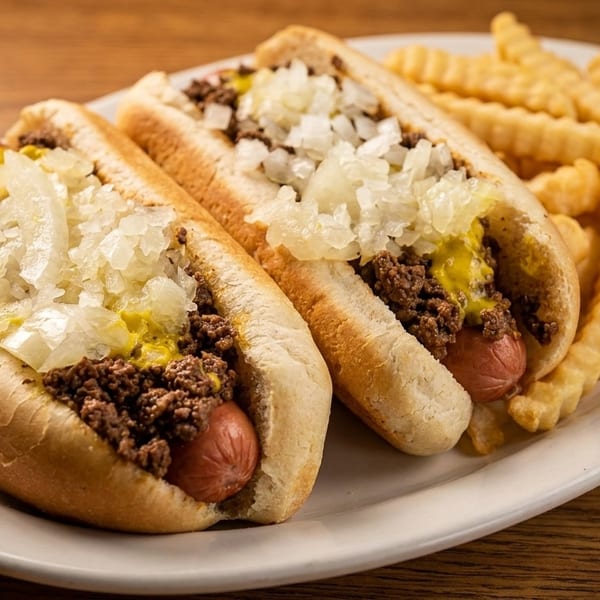 Two chili dogs with mustard and diced onions, served with crinkle-cut fries on a white plate.