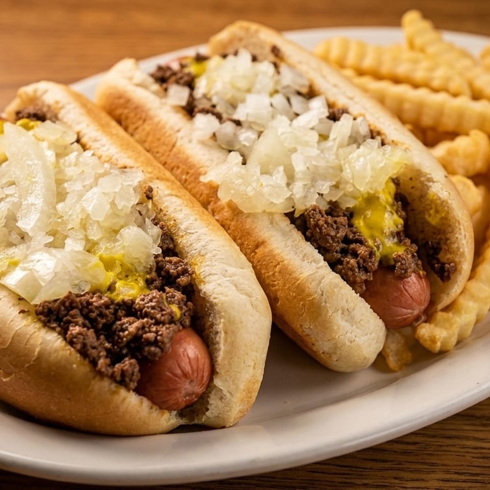 Two chili dogs with mustard and diced onions, served with crinkle-cut fries on a white plate.