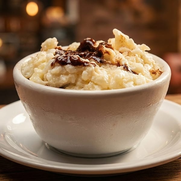 Creamy rice pudding with chocolate drizzle and cinnamon in a white bowl on a wooden table.