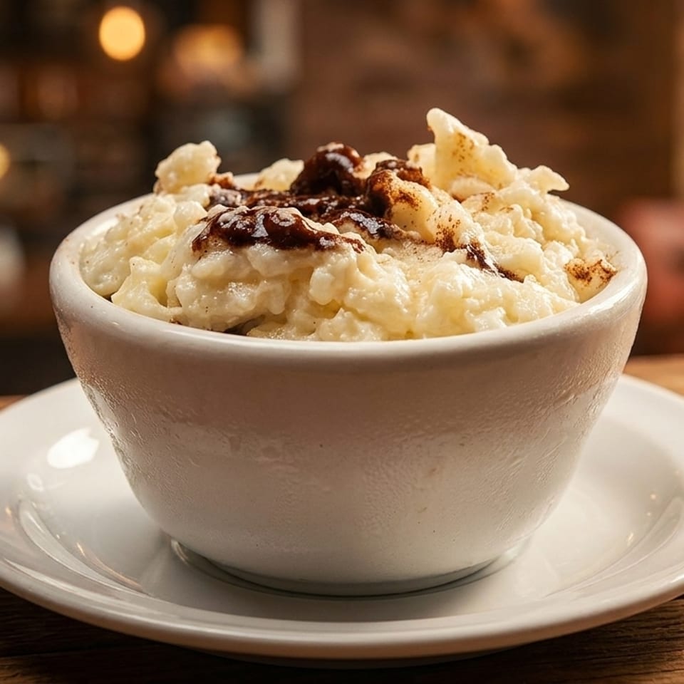 Creamy rice pudding with chocolate drizzle and cinnamon in a white bowl on a wooden table.